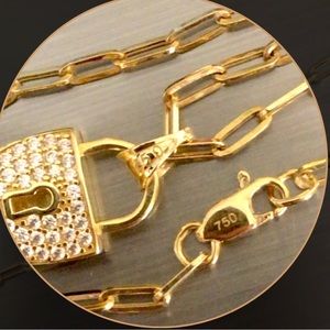 18K Saudi Paperclip Necklace with padlock pendant 14”